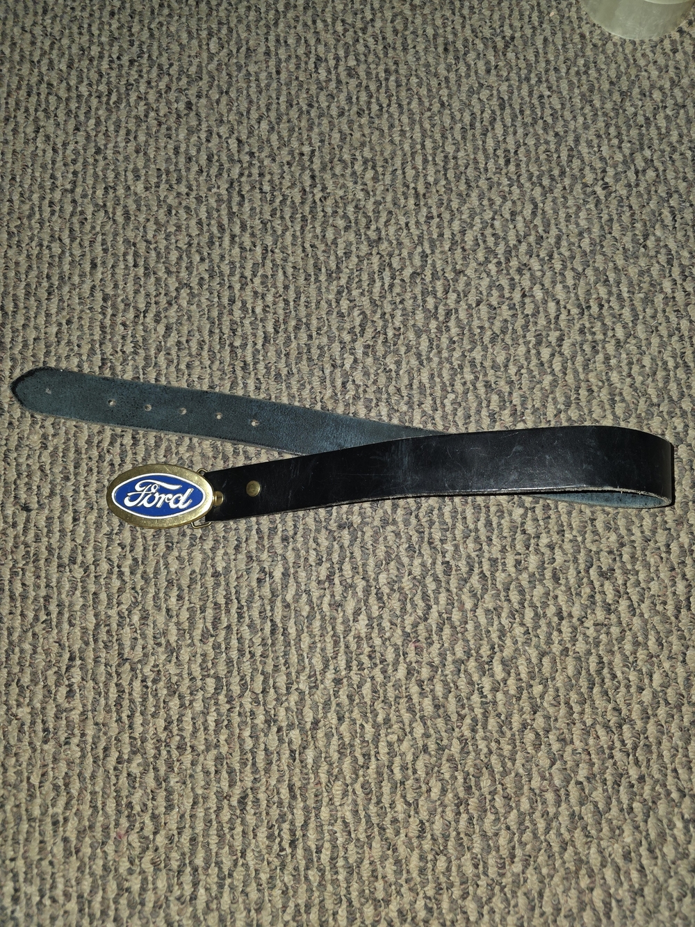 Vintage 1979 Ford Black Leather Belt with Blue Ford Oval Buckle
